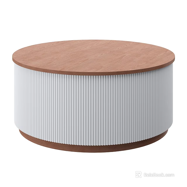 Round Coffee Table With Wooden Top And White Ribbed Base Modern Design 3d model 