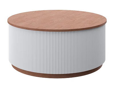 Round Coffee Table With Wooden Top And White Ribbed Base Modern Design 3d model