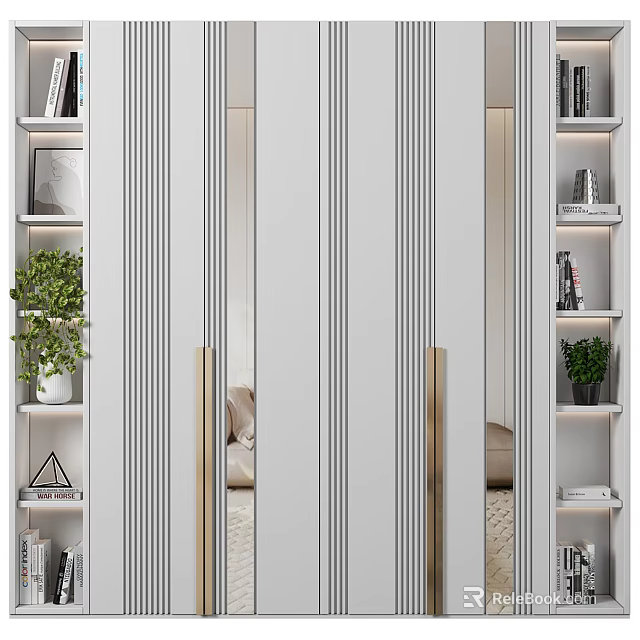 Modern Elegant Decorative Cabinet With Mirrored Vertical Stripes Golden Handles Greenery Books And Decor Items 3d model 