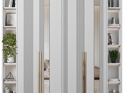 Modern Elegant Decorative Cabinet With Mirrored Vertical Stripes Golden Handles Greenery Books And Decor Items 3d model