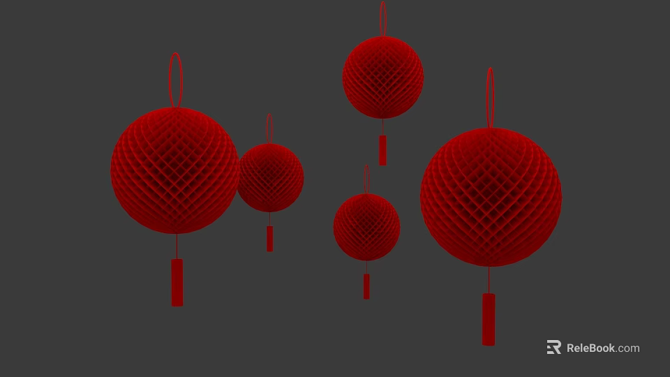 Red Honeycomb Shaped Lantern Hanging Ornaments With Tassels Multiple Sizes 3d model 