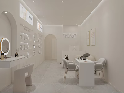 Elegant Modern Beauty Hair Salon Interior With White Decor Mirrors Styling Chairs And Display Shelves 3d model