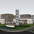 Modern Commercial Street With Glass Facade Iconic Tower Landscaped Gardens And Outdoor Seating