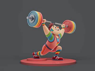 Cartoon Style Man Lifting Heavy Colorful Barbell in Sportswear on Red Platform 3d model
