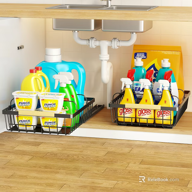 Under Sink Kitchen Storage Shelf With Cleaning Supplies Detergents And Organized Space 3d model 