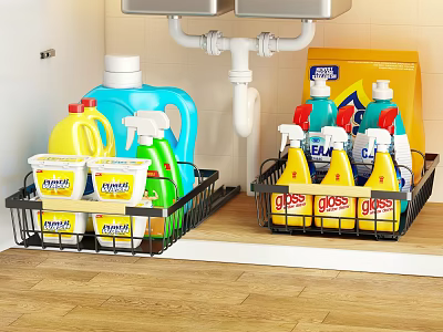 Under Sink Kitchen Storage Shelf With Cleaning Supplies Detergents And Organized Space 3d model