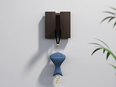 Wooden Wall Mounted Hook With Blue Decor Gold Beads And Bell Near Green Plant Leaves 3d model
