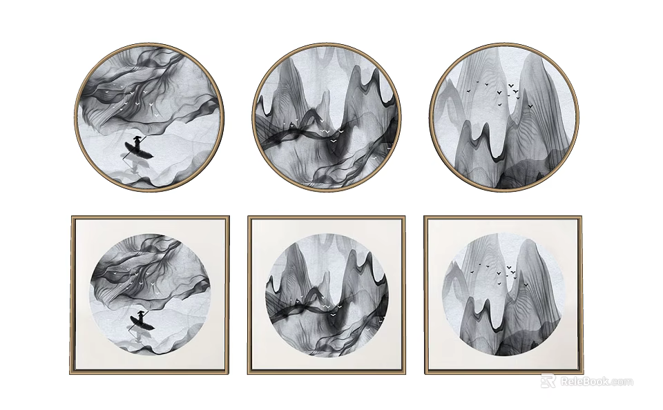 Black and White Ink Wall Art with Round Square Frames Mountain Bird Designs 3d model