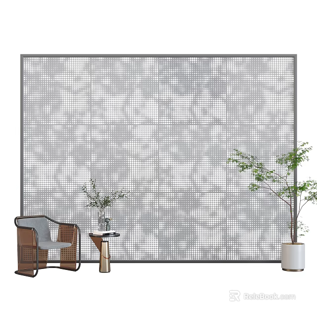 Stylish Interior Decor With Gray Patterned Wall Rattan Chair And Green Plants 3d model 