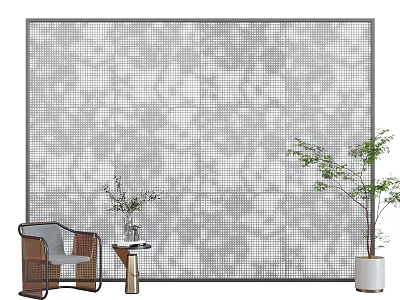 Stylish Interior Decor With Gray Patterned Wall Rattan Chair And Green Plants 3d model