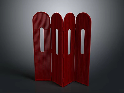 Red Folding Room Divider With Four Panels And Vertical Stripe Cutout Design 3d model