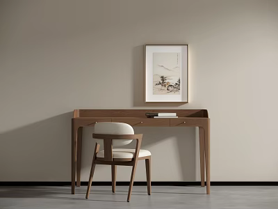 Minimalist Modern Wooden Desk And Chair Set With Beige Wall Framed Painting And Book 3d model