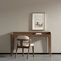 Minimalist Modern Wooden Desk And Chair Set With Beige Wall Framed Painting And Book
