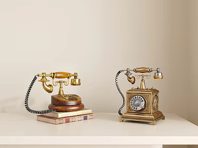 Retro Vintage Telephones With Golden Decorative Design And Wooden Bases On White Table 3d model