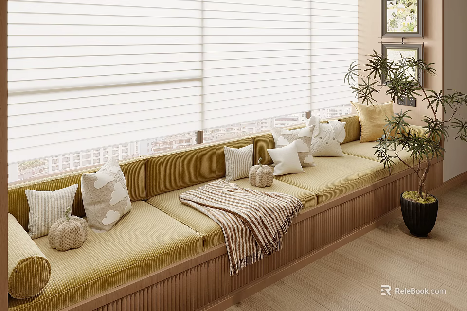 Cozy Bay Window Nook With Yellow Cushion Throw Pillows Striped Blanket Blinds And Plant 3d model 