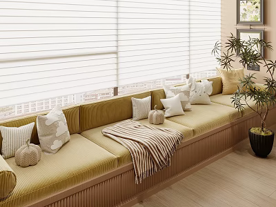 Cozy Bay Window Nook With Yellow Cushion Throw Pillows Striped Blanket Blinds And Plant 3d model
