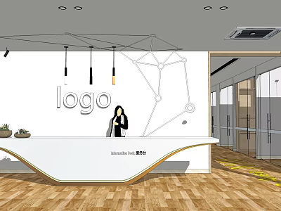 Modern Office Reception Area With Logo Woman Pendant Lights And Geometric Wall Design 3d model