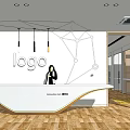 Modern Office Reception Area With Logo Woman Pendant Lights And Geometric Wall Design