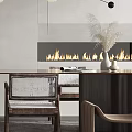 Modern Restaurant Interior With Open Kitchen Design Dining Table Chairs And Pendant Lights 3d model