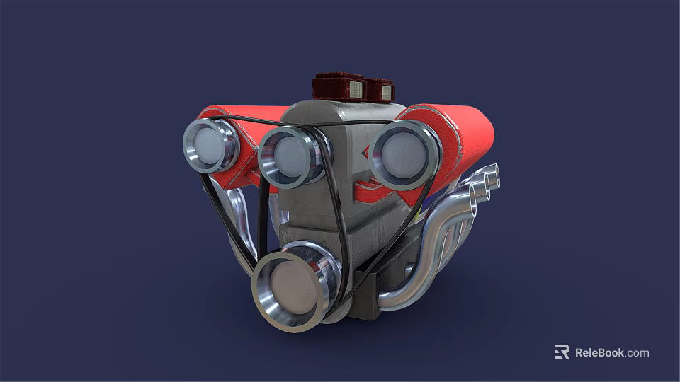 Red Silver Black 3D Modeled Mechanical Engine With Cylindrical Parts And Metal Pipes 3d model 