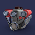 Red Silver Black 3D Modeled Mechanical Engine With Cylindrical Parts And Metal Pipes
