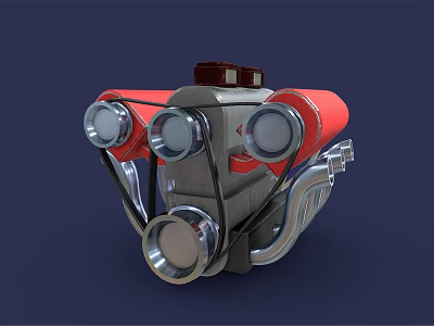 Red Silver Black 3D Modeled Mechanical Engine With Cylindrical Parts And Metal Pipes 3d model