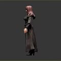 3D Female Character With Pink Hair Black Robe Purple Lining Tall Boots Gray Background
