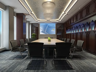 Modern Conference Room Interior With Long Table Chairs Projection Screen And Chandelier 3d model