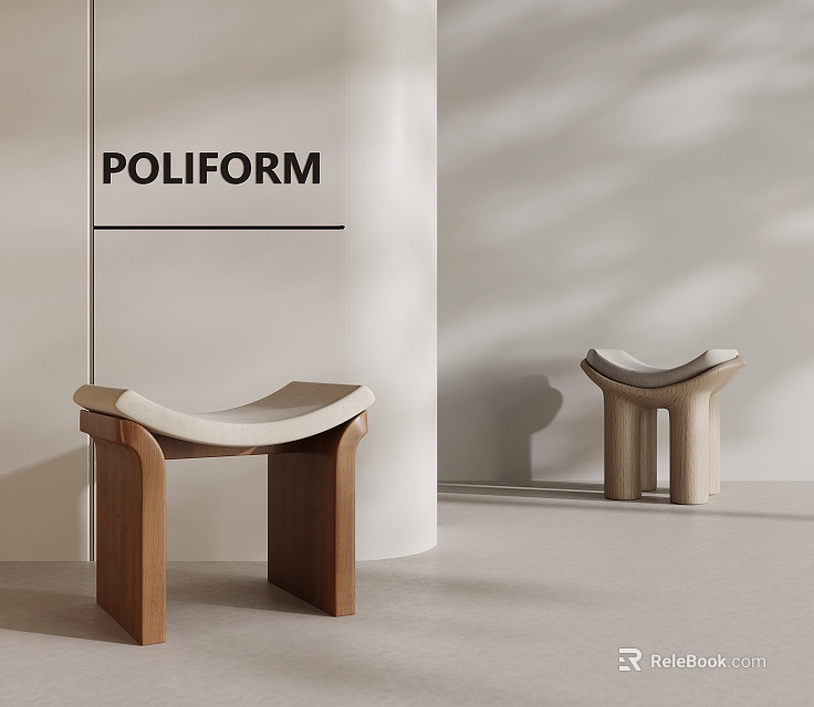 POLIFORM Modern Design Stools With Wooden Legs And Curved Upholstered Seat 3d model 