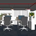 Spacious Public Office Space With Multiple Workstations Ergonomic Chairs Computers Green Plants And Natural Light 3d model