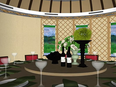Traditional Restaurant Interior With Dome Bamboo Lattice Paintings Round Table And Green Plants 3d model