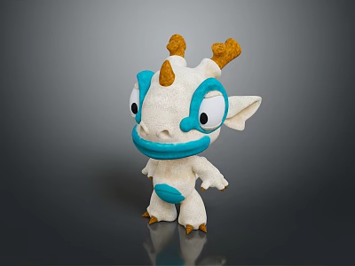 Plush Game Movie Character With White Body Blue Face Belly Yellow Horns And Big Eyes 3d model