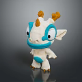 Plush Game Movie Character With White Body Blue Face Belly Yellow Horns And Big Eyes