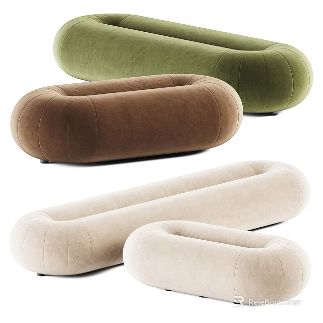 Velvet Sofa Stools With Green Brown Beige Upholstery And Oval Shaped Design 3d model 