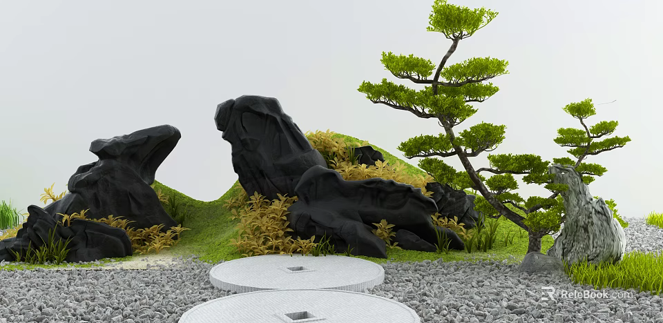 Karesansui Dry Landscape Garden With Black Rocks Pine Tree Gravel And Circular Slabs 3d model 