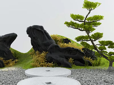 Karesansui Dry Landscape Garden With Black Rocks Pine Tree Gravel And Circular Slabs 3d model