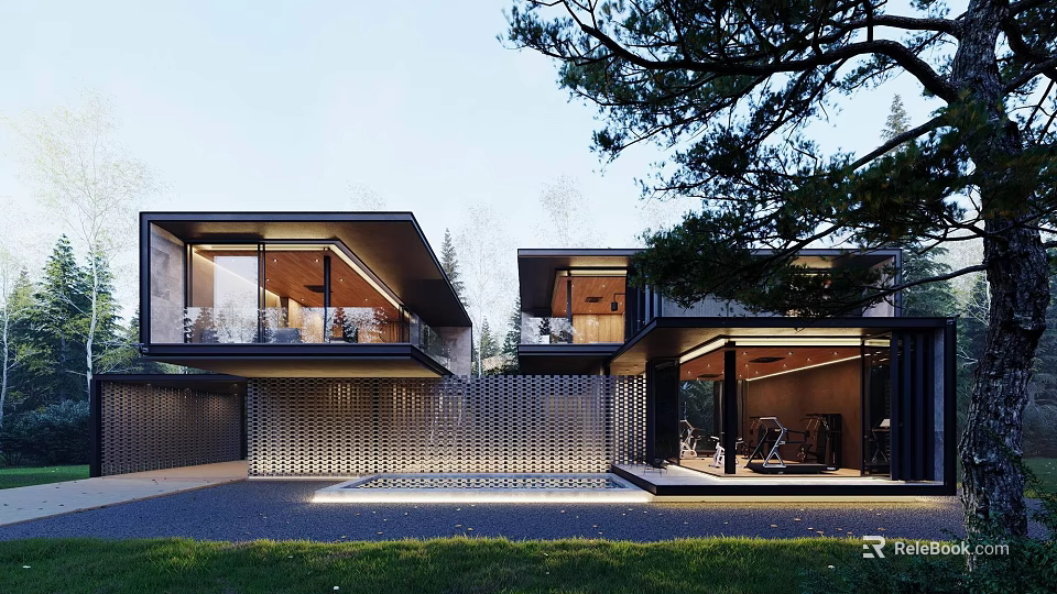 Luxury Modern Detached House With Large Windows Courtyard Trees And Lighting 3d model 