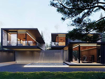 Luxury Modern Detached House With Large Windows Courtyard Trees And Lighting 3d model