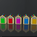 Colorful Small Houses With Green Red Pink Blue Orange Doors Striped Roofs And Black Reflections