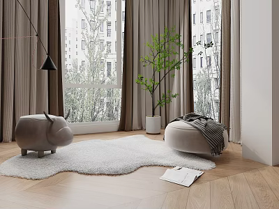 Modern Living Room With Single Sofa Plush Rug Indoor Plant Window And Wooden Floor 3d model