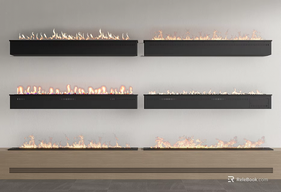 Multiple Modern Wall Mounted Fireplaces Featuring Burning Flames In Interior Design 3d model 