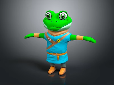 Green Frog Cartoon Character With Blue Outfit Brown Belt Crossbody Bag And Open Arms 3d model