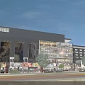 Modern Commercial Complex Street View With Glass Curtain Wall Billboards Night Lighting Pedestrians And Trees