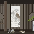 Chinese Style Interior Room Divider With Wooden Frame Landscape Painting Round Mirror And Potted Plant