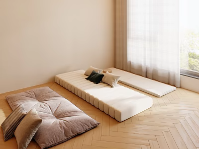 Beige Walls Herringbone Wooden Floor Two Padded Benches With Cushions White Curtains Green Plants 3d model