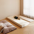 Beige Walls Herringbone Wooden Floor Two Padded Benches With Cushions White Curtains Green Plants
