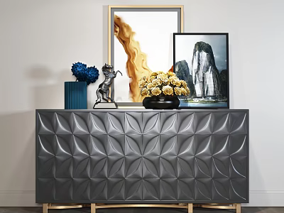 Modern Console Table with Textured Surface and Golden Legs Decorated with Vase Flowers and Artworks 3d model