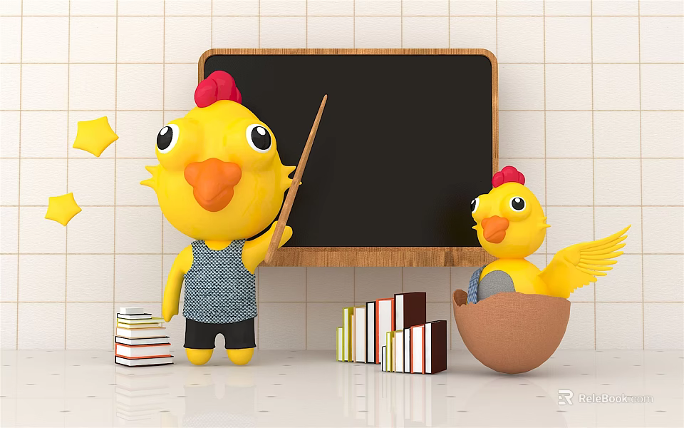 Yellow Chicken Dolls with Pointer Near Blackboard Books and Star Decorations on Tiled Wall 3d model 