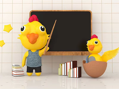 Yellow Chicken Dolls with Pointer Near Blackboard Books and Star Decorations on Tiled Wall 3d model