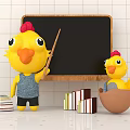 Yellow Chicken Dolls with Pointer Near Blackboard Books and Star Decorations on Tiled Wall